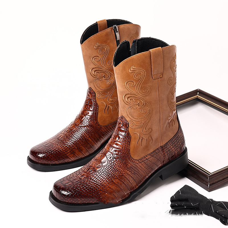 Men Shoes Classic - Herren-Westernstiefel aus Leder mit Krokodilmuster, gesticktes