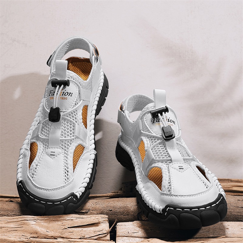 Men'S Shoes With Velcro - Handgefertigte, einfache Herren-Sandalen mit Buchstabendruck, Sommer-Strand-Hohlsandalen,