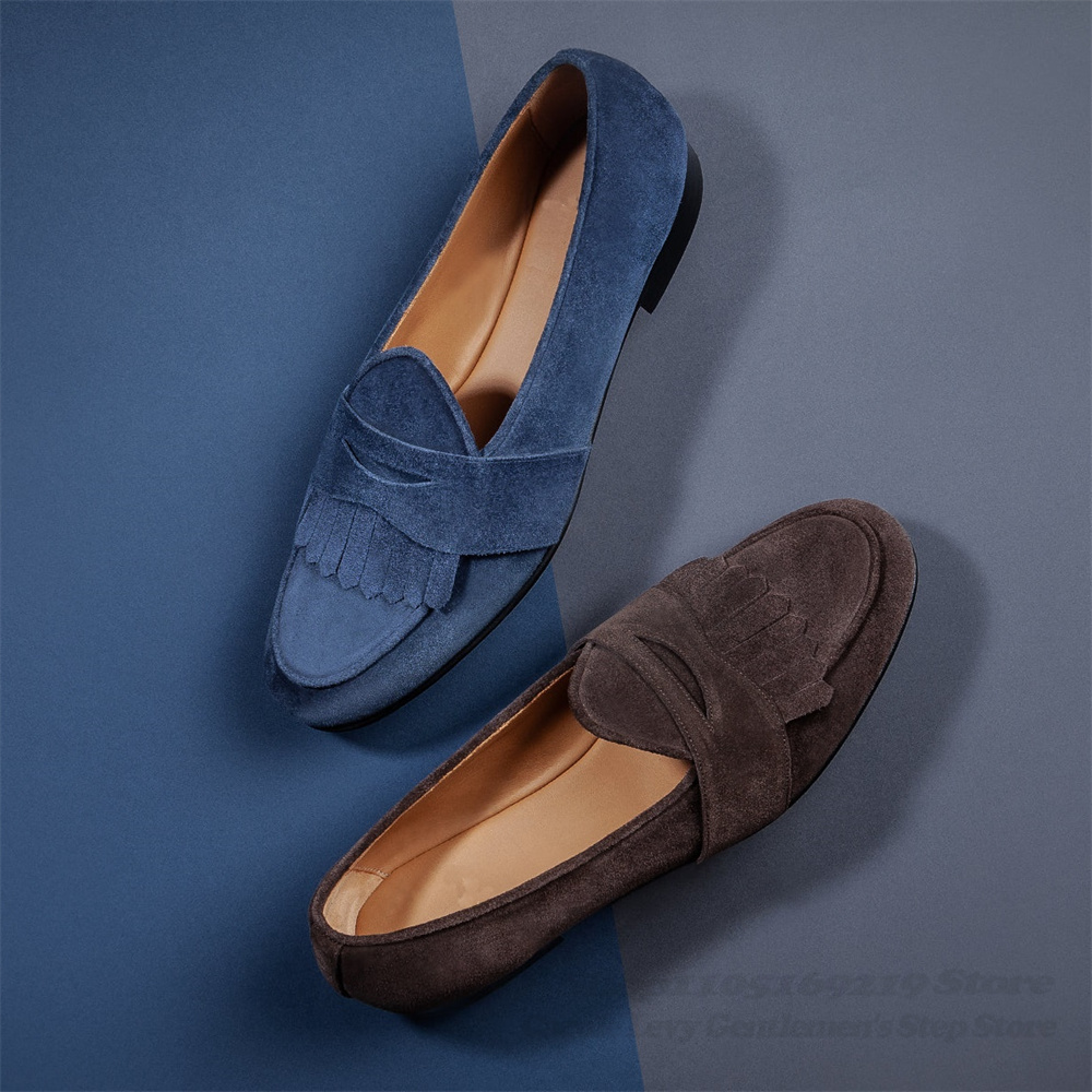 Men Shoes Elegant - Marineblaue Wildleder-Loafer für Herren, runde Zehenpartie,